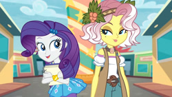 Size: 3410x1920 | Tagged: safe, imported from derpibooru, screencap, rarity, vignette valencia, equestria girls, equestria girls series, rollercoaster of friendship, bracelet, eyes closed, female, hairpin, high res, jewelry, open mouth, rarity peplum dress, smiling