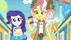 Size: 3410x1920 | Tagged: safe, imported from derpibooru, screencap, rarity, vignette valencia, equestria girls, equestria girls series, rollercoaster of friendship, bracelet, cellphone, female, hairpin, high res, jewelry, phone, rarity peplum dress, smartphone, smiling
