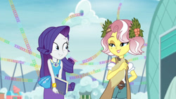 Size: 3410x1920 | Tagged: safe, imported from derpibooru, screencap, rarity, vignette valencia, equestria girls, equestria girls series, rollercoaster of friendship, bracelet, duo, duo female, female, geode of shielding, grin, hairpin, high res, jewelry, looking at each other, magical geodes, rarity peplum dress, smiling, smiling at each other