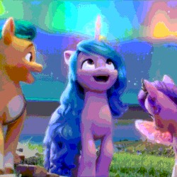 Size: 806x806 | Tagged: safe, imported from derpibooru, screencap, hitch trailblazer, izzy moonbow, pipp petals, earth pony, pegasus, pony, unicorn, spoiler:my little pony: a new generation, 3d, animated, cropped, cute, female, g5, gif, izzybetes, male, mare, my little pony: a new generation, stallion, the new pinkie pie, trotting, trotting in place
