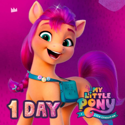 Size: 1080x1080 | Tagged: safe, imported from derpibooru, sunny starscout, earth pony, pony, 1, abstract background, badge, bag, countdown, female, g5, mare, my little pony: a new generation, my little pony: a new generation logo, official, satchel, solo, text