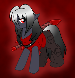 Size: 963x1000 | Tagged: safe, artist:akuoreo, imported from derpibooru, oc, oc only, original species, pony, cargo pants, clothes, elf pony, male, pants, shirt, solo, sword, weapon