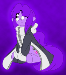 Size: 882x1000 | Tagged: safe, artist:akuoreo, imported from derpibooru, oc, oc only, pony, clothes, coat, glasses, one eye closed, sitting, solo, third eye, three eyes