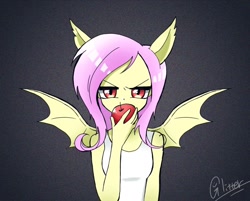 Size: 1024x824 | Tagged: dead source, safe, artist:glitterrrrr, imported from derpibooru, fluttershy, equestria girls, apple, bat ponified, flutterbat, food, looking at you, race swap, species swap