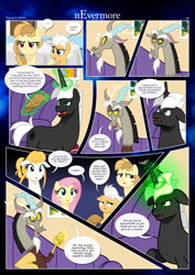 Size: 3259x4607 | Tagged: safe, artist:estories, imported from derpibooru, discord, fluttershy, oc, oc:alice goldenfeather, oc:comet, oc:fable, oc:golden jewel, oc:möbius, draconequus, earth pony, pegasus, phoenix, pony, unicorn, comic:nevermore, angry, brother and sister, comic, couch, cross-popping veins, cup, female, glowing, glowing horn, hat, high res, horn, magic, male, mother and child, mother and daughter, mother and son, pegasus oc, siblings, speech bubble, teacup, telekinesis, unicorn oc