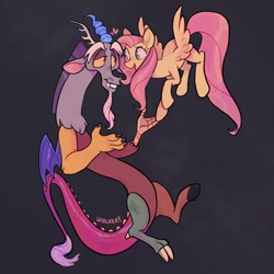 Size: 1440x1440 | Tagged: safe, artist:waackery, imported from derpibooru, discord, fluttershy, draconequus, pegasus, pony, abstract background, discoshy, eye contact, female, flying, grin, looking at each other, male, mare, open mouth, open smile, shipping, signature, smiling, smiling at each other, spread wings, straight, wings