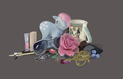 Size: 1438x918 | Tagged: safe, artist:penrosa, imported from derpibooru, earth pony, pony, ankh, bow tie (g1), dice, flower, g1, gray background, jewelry, mug, pencil, phone, simple background, sunglasses, toy