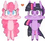 Size: 93x84 | Tagged: safe, artist:waackery, imported from derpibooru, pinkie pie, twilight sparkle, alicorn, earth pony, pony, female, heart, lesbian, mare, pixel art, shipping, simple background, smiling, transparent background, twilight sparkle (alicorn), twinkie