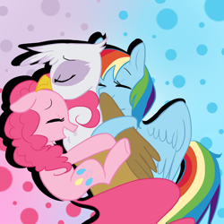 Size: 1024x1024 | Tagged: safe, artist:waackery, imported from derpibooru, gilda, pinkie pie, rainbow dash, earth pony, griffon, pegasus, pony, the lost treasure of griffonstone, abstract background, eyelashes, eyes closed, female, friendship, hug, mare, smiling, wings