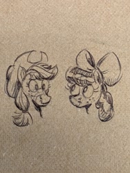 Size: 1512x2016 | Tagged: safe, artist:mellodillo, imported from derpibooru, apple bloom, applejack, earth pony, pony, apple sisters, bust, duo, female, filly, mare, napkin, siblings, sisters, sketch, traditional art