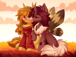 Size: 4444x3333 | Tagged: safe, artist:airiniblock, imported from derpibooru, oc, oc only, oc:flechette, oc:pumpkin spice, bat pony, changeling, moth, mothling, original species, pony, blushing, cheek kiss, chest fluff, clothes, cloud, curved horn, duo, ear fluff, eye clipping through hair, eyebrows, eyebrows visible through hair, eyes closed, female, glasses, grass, horn, kissing, lesbian, mare, oc x oc, outdoors, raised hoof, rcf community, red changeling, shipping, sitting, sky, spread wings, sweater, wings