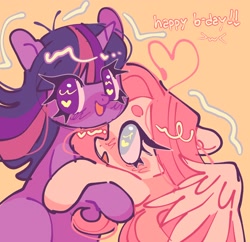 Size: 1920x1857 | Tagged: safe, artist:bunbunbewwii, imported from derpibooru, fluttershy, twilight sparkle, pegasus, pony, unicorn, cute, duo, duo female, female, happy birthday, heart eyes, hug, lesbian, no pupils, open mouth, open smile, shipping, shyabetes, simple background, smiling, twiabetes, twishy, unicorn twilight, wingding eyes, yellow background