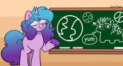 Size: 2048x1098 | Tagged: safe, artist:isrrael120, artist:kittyrosie, edit, imported from derpibooru, izzy moonbow, pony, unicorn, chalk, chalkboard, cookie, earth, exploitable meme, eyes closed, female, food, g5, glasses, mare, meme, moon, smiling, solo, squatpony
