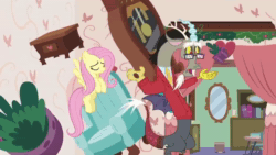 Size: 1920x1080 | Tagged: safe, imported from derpibooru, screencap, discord, fluttershy, draconequus, pegasus, pony, discordant harmony, season 7, animated, bookshelf, clock, clothes, discord's house, duo, female, flapping wings, flying, ginseng teabags, heart, male, mare, mirror, mister rogers, singing, sound, sweater, table, teabag, video, webm, wings