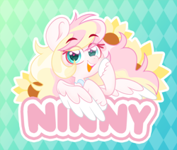 Size: 2926x2480 | Tagged: safe, artist:ninnydraws, imported from derpibooru, oc, oc only, oc:ninny, pegasus, pony, badge, blushing, bowtie, bust, eyebrows, female, heart, heart eyes, heterochromia, high res, looking at you, mare, solo, wingding eyes