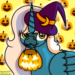 Size: 500x500 | Tagged: safe, artist:jayistrash4, imported from derpibooru, oc, oc:fleurbelle, alicorn, alicorn oc, female, halloween, hat, holiday, horn, mare, pumpkin, wingding eyes, wings, witch, witch hat, yellow eyes