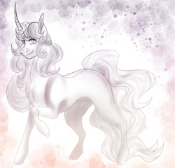 Size: 1772x1704 | Tagged: safe, artist:inisealga, imported from derpibooru, oc, oc only, oc:donut daydream, pony, unicorn, abstract background, commission, curved horn, donut, female, food, gradient background, horn, mare, sketch, solo, unicorn oc