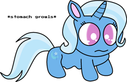 Size: 1280x822 | Tagged: safe, artist:mega-poneo, imported from derpibooru, trixie, pony, unicorn, descriptive noise, female, frown, horn, hungry, no pupils, onomatopoeia, pink eyes, simple background, solo, standing, stomach growl, stomach noise, transparent background, two toned mane