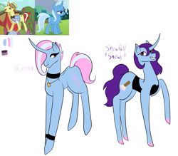 Size: 1149x1005 | Tagged: safe, artist:noqualitycontent, imported from derpibooru, flim, trixie, oc, oc only, pony, unicorn, choker, curved horn, ear piercing, earring, grin, horn, jewelry, offspring, parent:flim, parent:trixie, parents:flixie, piercing, simple background, smiling, white background