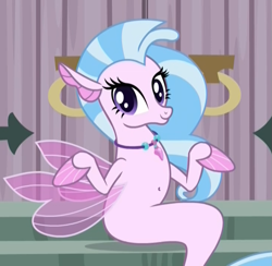 Size: 731x712 | Tagged: safe, edit, edited screencap, imported from derpibooru, screencap, silverstream, seapony (g4), school daze, belly button, castle of the royal pony sisters, cropped, cute, diastreamies, door, female, jewelry, looking at you, necklace, pearl necklace, seapony silverstream, shrug, shrugpony, sitting, solo, stairs, that hippogriff sure does love stairs