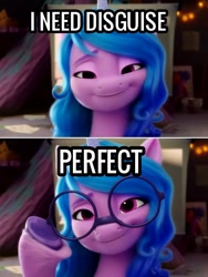 Size: 1268x1684 | Tagged: safe, edit, edited screencap, imported from derpibooru, screencap, izzy moonbow, pony, unicorn, 3d, caption, disguise, eyebrows, female, g5, glasses, hoof hold, horn, mare, meme, my little pony: a new generation, smiling, solo, text, unshorn fetlocks