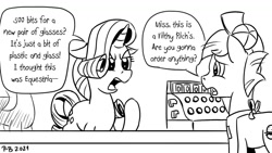 Size: 1200x675 | Tagged: safe, artist:pony-berserker, imported from derpibooru, rarity, oc, unnamed oc, pony, cash register, fast food restaurant, pony-berserker's twitter sketches, speech bubble, vent art