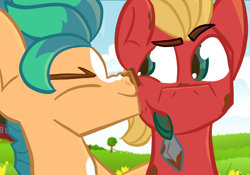 Size: 1280x894 | Tagged: safe, artist:tangerineblast, imported from derpibooru, hitch trailblazer, sprout cloverleaf, earth pony, pony, blaze (coat marking), cheek kiss, coat markings, dirt, dirty, eyes closed, facial markings, g5, gay, hitchsprout, kissing, male, outdoors, shipping, shovel, socks (coat markings), stallion