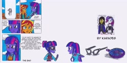 Size: 4800x2400 | Tagged: safe, artist:karadeg, derpibooru exclusive, imported from derpibooru, rarity, sci-twi, sunset shimmer, twilight sparkle, oc, oc:karadeg, equestria girls, friendship games, comic, crying, female, magic capture device, male, traditional art, twolight