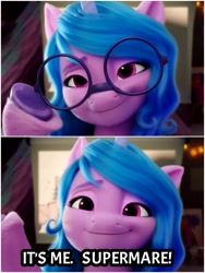 Size: 1500x1999 | Tagged: safe, edit, edited screencap, imported from derpibooru, screencap, izzy moonbow, pony, unicorn, 3d, caption, clark kent, eyebrows, female, g5, glasses, hoof hold, horn, mare, my little pony: a new generation, smiling, solo, superman, supermare, text, unshorn fetlocks