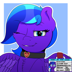 Size: 2000x2000 | Tagged: safe, artist:h3nger, imported from derpibooru, oc, oc only, oc:flugel, pegasus, pony, collar, female, high res, horny on main, mare, one eye closed, solo, wink