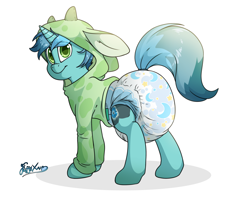 Size: 3186x2560 | Tagged: safe, artist:fluffyxai, imported from derpibooru, oc, oc:minty breeze, pony, unicorn, bashful, blushing, clothes, diaper, high res, hoodie, male, non-baby in diaper, poofy diaper, smiling