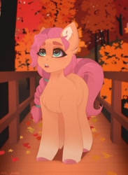 Size: 1100x1500 | Tagged: safe, artist:villjulie, imported from derpibooru, sunny starscout, earth pony, pony, bridge, female, g5, leaves, mare, solo, tree