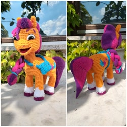 Size: 2880x2880 | Tagged: safe, artist:woodiewool, imported from derpibooru, sunny starscout, earth pony, pony, crochet, g5, german description, high res, irl, photo, plushie