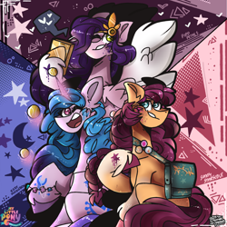 Size: 3300x3300 | Tagged: safe, artist:its_sunsetdraws, imported from derpibooru, izzy moonbow, pipp petals, sunny starscout, earth pony, pegasus, pony, unicorn, backpack, ball, cheek fluff, cutie mark, digital art, fanart, g5, group shot, high res, izzy's tennis ball, looking at you, my little pony: a new generation, phone, princess, smiling, smiling at you, tennis ball