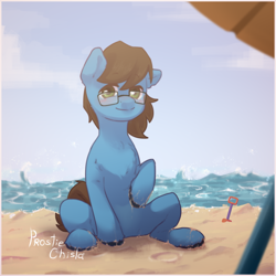 Size: 2000x2000 | Tagged: safe, artist:prostiechisla, imported from derpibooru, oc, oc only, oc:daudaen, pony, beach, glasses, high res, male, ocean, sand, solo