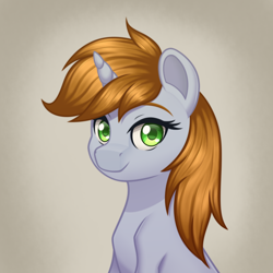 Size: 2000x2000 | Tagged: safe, artist:mirrorcrescent, imported from derpibooru, oc, oc only, oc:littlepip, pony, unicorn, fallout equestria, bust, cute, female, gradient background, high res, horn, looking at you, mare, ocbetes, pipabetes, smiling, smiling at you, solo, unicorn oc