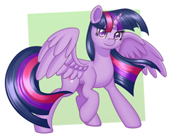 Size: 2000x1616 | Tagged: safe, artist:mirrorcrescent, imported from derpibooru, twilight sparkle, alicorn, pony, abstract background, female, horn, mare, palindrome get, purple eyes, solo, spread wings, standing, tail, twilight sparkle (alicorn), wings