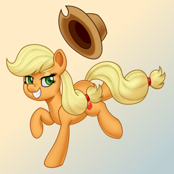 Size: 2000x2000 | Tagged: safe, artist:mirrorcrescent, imported from derpibooru, applejack, earth pony, pony, applejack's hat, cowboy hat, female, gradient background, hat, high res, lidded eyes, mare, missing freckles, smiling, solo