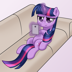 Size: 2000x2000 | Tagged: safe, artist:mirrorcrescent, imported from derpibooru, twilight sparkle, pony, unicorn, ambiguous race, atg 2020, cellphone, couch, female, glowing, glowing horn, high res, hoof on belly, horn, magic, magic aura, newbie artist training grounds, phone, smartphone, solo, telekinesis, unicorn twilight