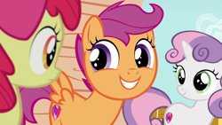 Size: 1280x720 | Tagged: safe, imported from derpibooru, screencap, apple bloom, scootaloo, sweetie belle, earth pony, pegasus, pony, unicorn, season 6, the fault in our cutie marks, cropped, cute, cutealoo, cutie mark crusaders, smiling, trio