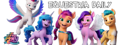 Size: 1000x350 | Tagged: safe, imported from derpibooru, hitch trailblazer, izzy moonbow, pipp petals, sunny starscout, zipp storm, earth pony, pegasus, unicorn, equestria daily, banner, female, g5, looking at you, male, mane five (g5), my little pony: a new generation, my little pony: a new generation logo, simple background, transparent background