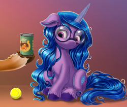 Size: 2000x1686 | Tagged: safe, artist:harwick, imported from derpibooru, hitch trailblazer, izzy moonbow, pony, unicorn, ball, beans, can, cutie mark, female, floppy ears, food, g5, glasses, gradient background, izzy moonbow is not amused, izzy's beans, izzy's tennis ball, mare, my little pony: a new generation, offscreen character, simple background, sitting, tennis ball, unamused, unshorn fetlocks