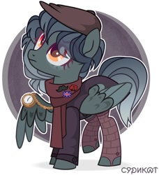 Size: 1040x1140 | Tagged: safe, artist:arina-gremyako, imported from derpibooru, oc, oc only, oc:nikki knack, pegasus, pony, badge, bus, clothes, coat, facial hair, female, flat cap, hat, london, mare, moustache, pin, pocket watch, raised leg, scarf, socks, solo, stockings, thigh highs, union jack