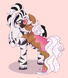 Size: 1334x1536 | Tagged: safe, artist:shamy-crist, imported from derpibooru, oc, oc only, oc:adrianee, oc:donut daydream, pony, unicorn, zebra, adream, donut, female, food, mare