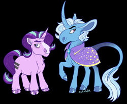 Size: 1500x1224 | Tagged: safe, artist:owlcoholik, imported from derpibooru, starlight glimmer, trixie, pony, unicorn, black background, blaze (coat marking), chibi, cloven hooves, coat markings, curved horn, facial markings, hoers, horn, leonine tail, simple background, tail, unshorn fetlocks