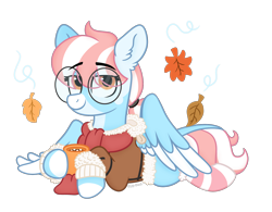 Size: 2000x1556 | Tagged: safe, artist:pink-pone, imported from derpibooru, oc, oc only, oc:cloud jumper, pony, clothes, female, glasses, leaves, lying down, mare, prone, simple background, socks, solo, striped socks, sweater, transparent background
