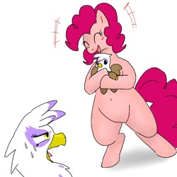 Size: 600x600 | Tagged: safe, artist:kushina13, imported from derpibooru, gilda, pinkie pie, earth pony, griffon, pony, belly button, bipedal, blushing, duo, eyes closed, female, hug, mare, open mouth, open smile, plushie, simple background, smiling, sweat, sweatdrops, white background