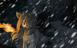 Size: 3363x2093 | Tagged: safe, artist:marbo, imported from derpibooru, oc, oc only, oc:crackling fire, pony, /mlp/, blizzard, creepy, dark, female, forest, looking at you, mare, snow, snowfall, snowpony (species), solo, torch, yakutian horse