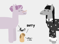 Size: 2048x1536 | Tagged: safe, artist:2merr, oc, oc only, oc:tuesday, oc:twosday, oc:wednesday, earth pony, pony, :), apology, blob ponies, blouse, bored, clothes, dialogue, dot eyes, drawn on phone, drawthread, eyes closed, female, frown, glasses, gray background, hair bun, intentional spelling error, mare, pigtails, simple background, smiley face, smiling, unamused, weekday ponies