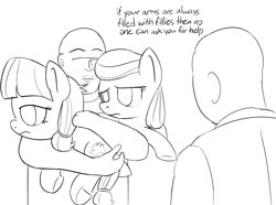 Size: 2050x1524 | Tagged: safe, artist:unsavorydom, imported from ponybooru, aquamarine, lily longsocks, oc, oc:anon, earth pony, human, pony, caption, carrying, female, filly, holding a pony, human male, lineart, male, meme, monochrome, ponified meme, simple background, white background, wikihow